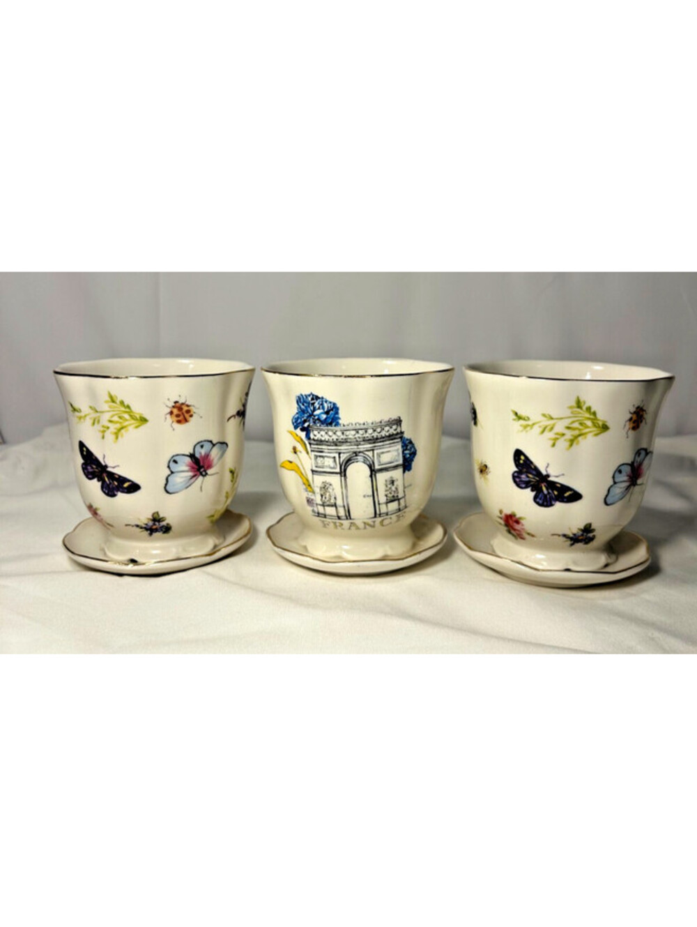 Vintage Porcelain Mini Planters Pots Saucers Flowers Butterflies France Set of 3